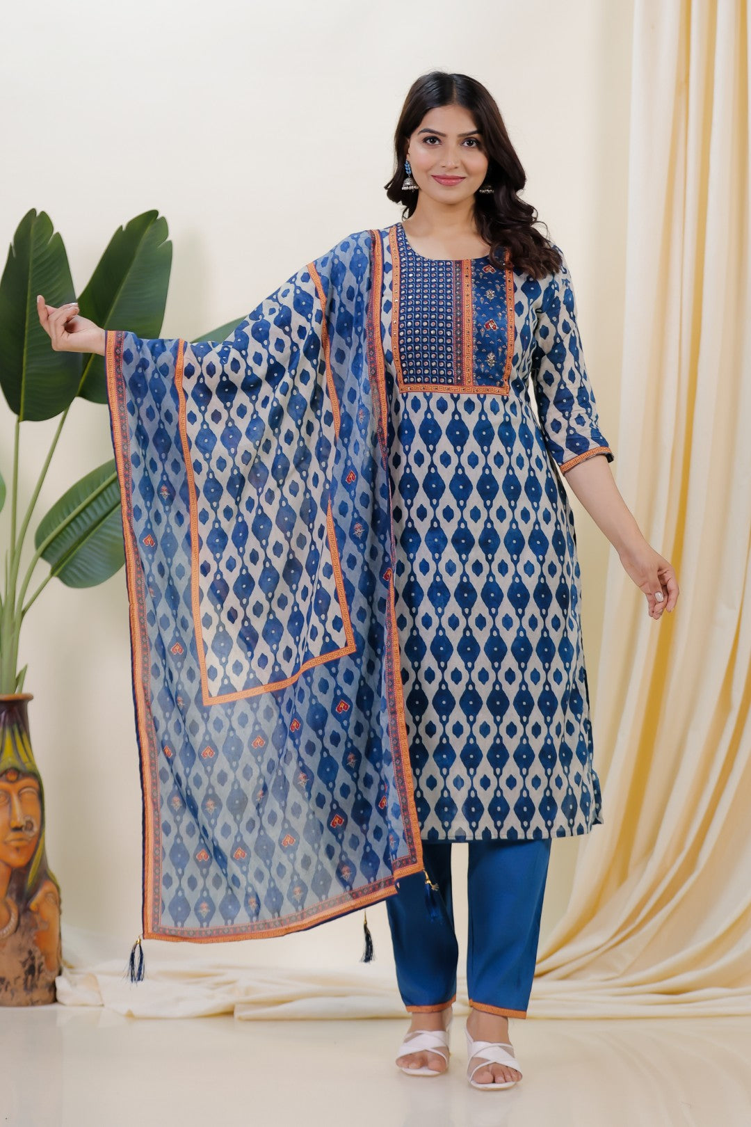 Light Grey & Diesel Blue Cotton Printed Suit with Sequin & Thread Work, Bottom & Dupatta