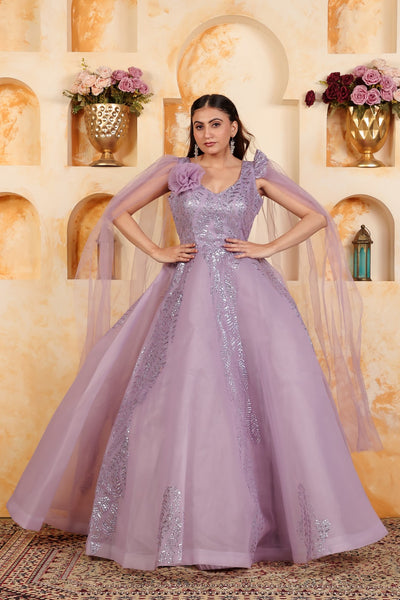 Lavender Net Gown with Sequin Work & Attached Dupatta