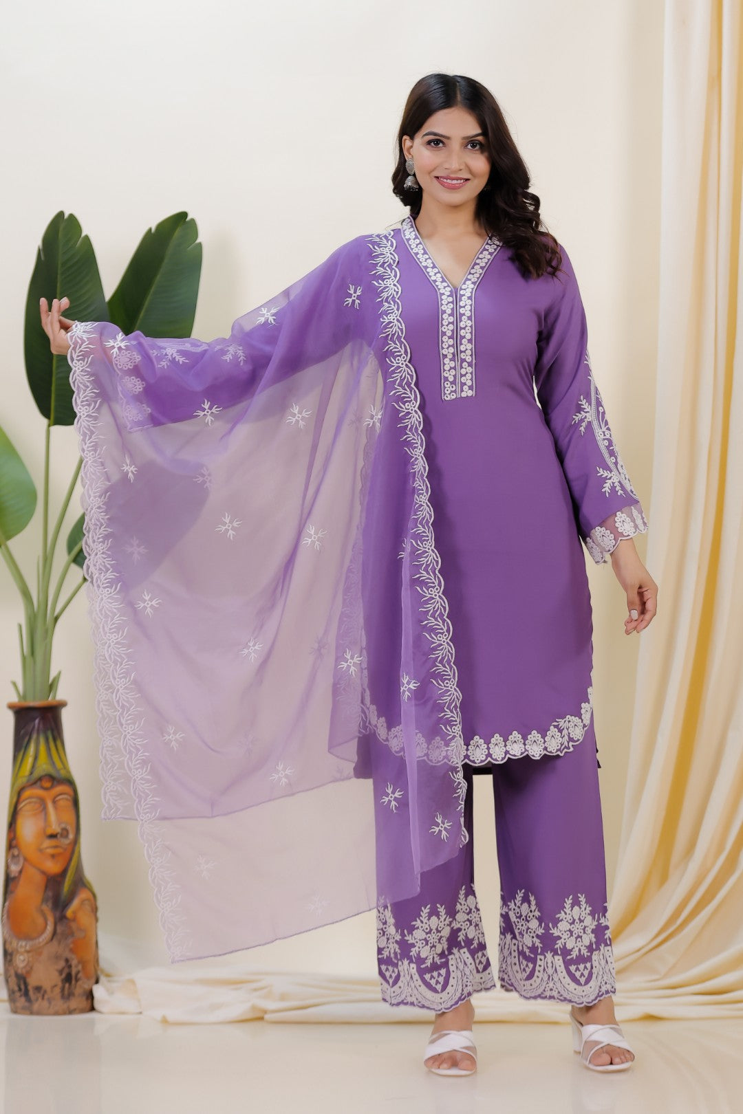 Lavender Rayon Cotton Suit with Thread Work, Palazzo Dupatta