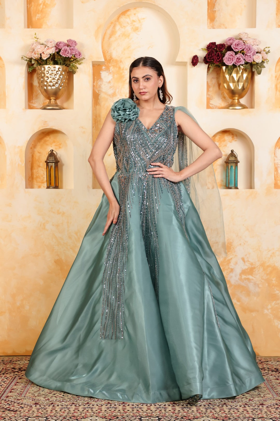 Teal Green Jimmy Choo Gown with Handwork & Attached Net Dupatta