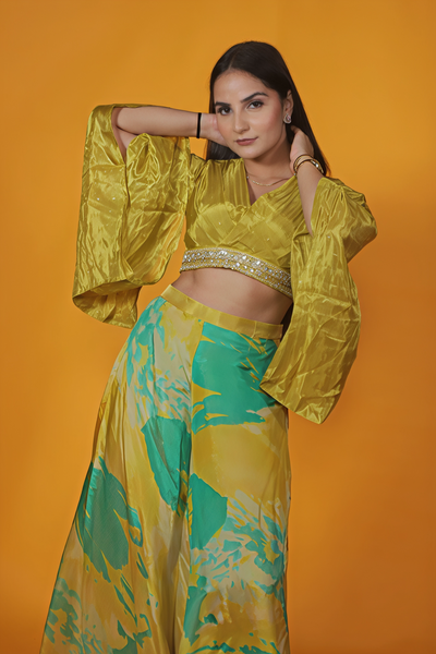 Gold Yellowish Silk Blouse with Handwork and Printed Sharara