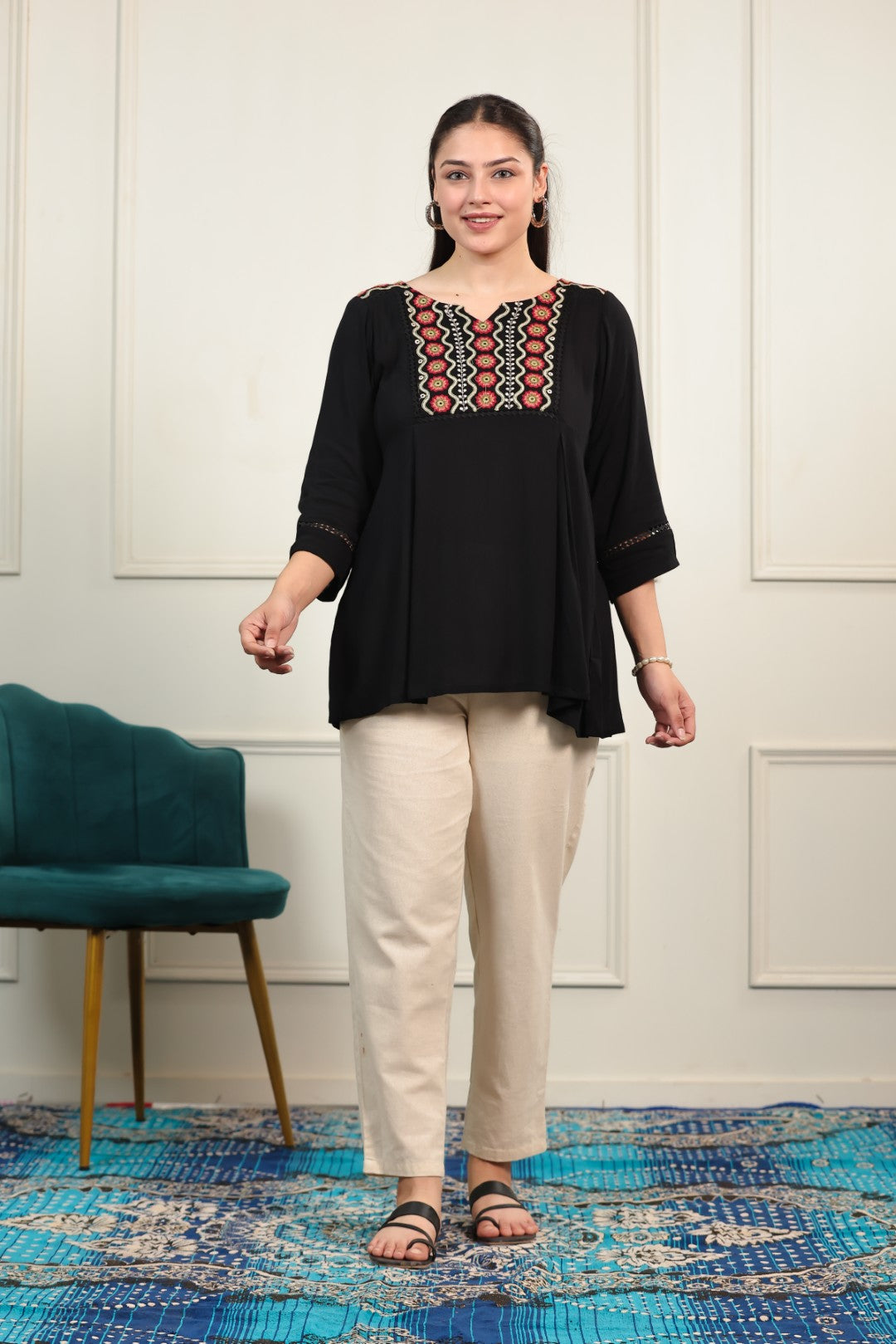 Black Wrinkled Rayon Thread Work Top