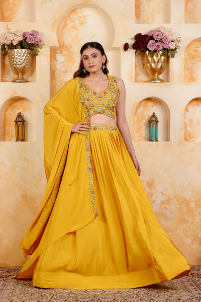 Yellow Crepe Silk Blouse with Thread & Stone Work, Lehenga & Dupatta