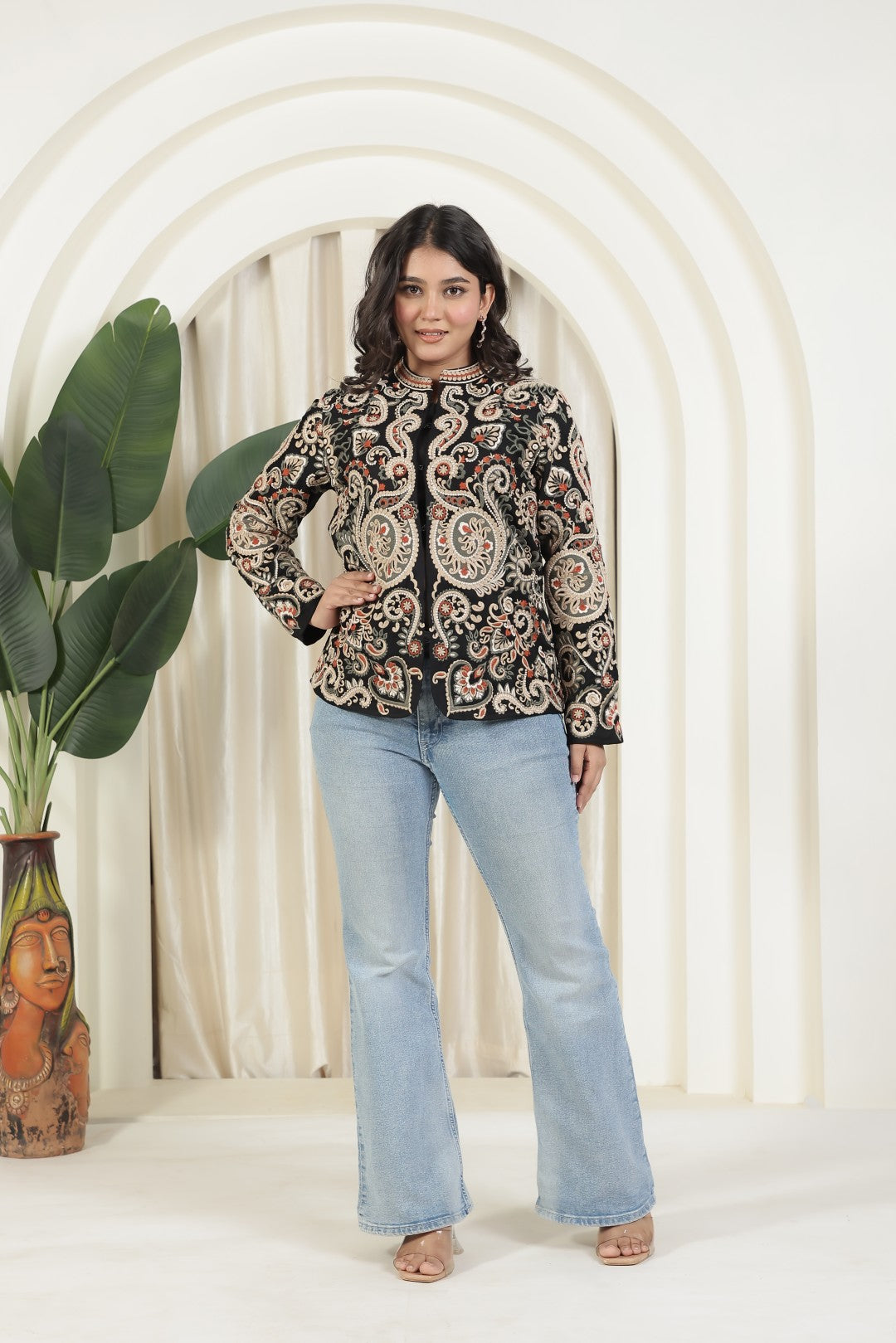 Black Muslin Cotton Jacket with Full Kashmiri Thread Embroidery