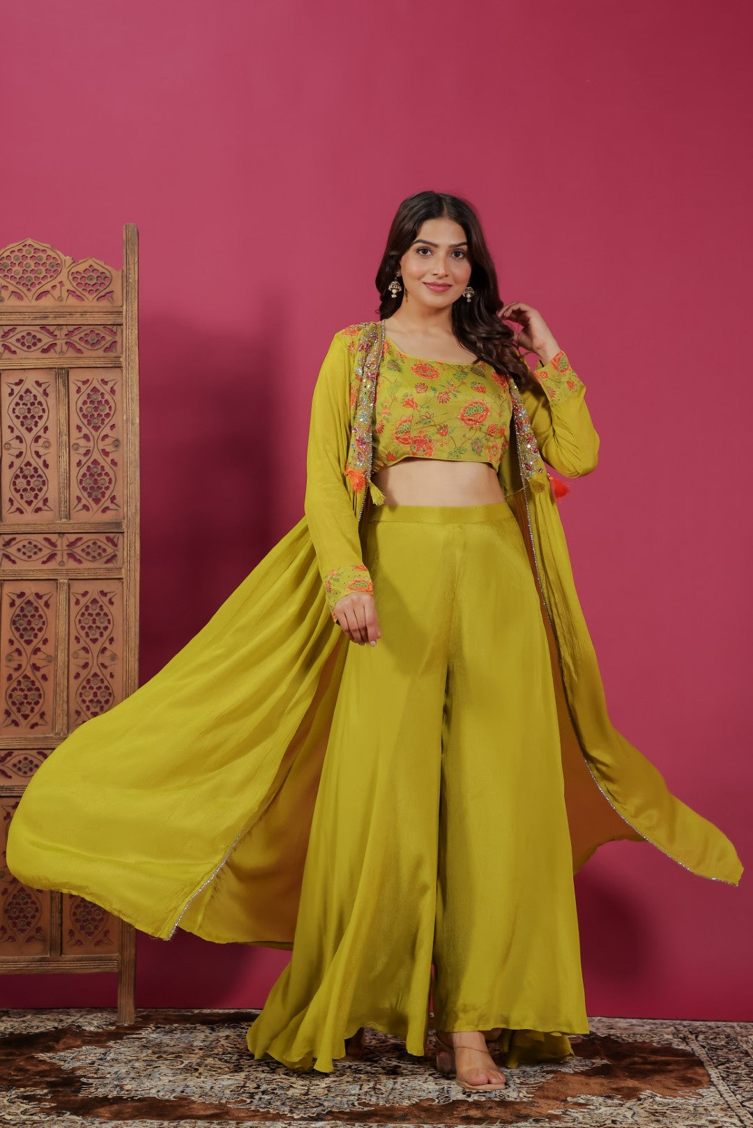 Mehendi Green Chinon Silk Printed Blouse, Sharara & Handwork Shrug