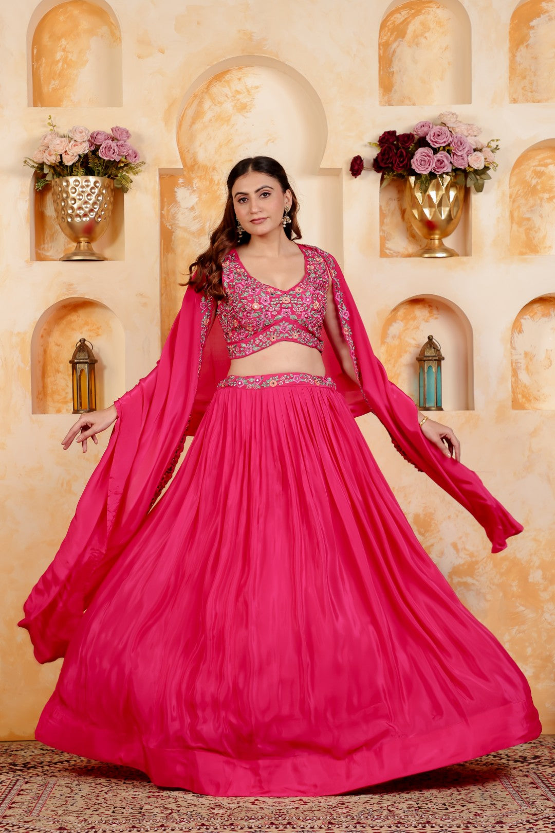 Rani Pink Crepe Silk Blouse with Thread & Stone Work, Lehenga & Dupatta