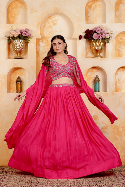 Rani Pink Crepe Silk Blouse with Thread & Stone Work, Lehenga & Dupatta