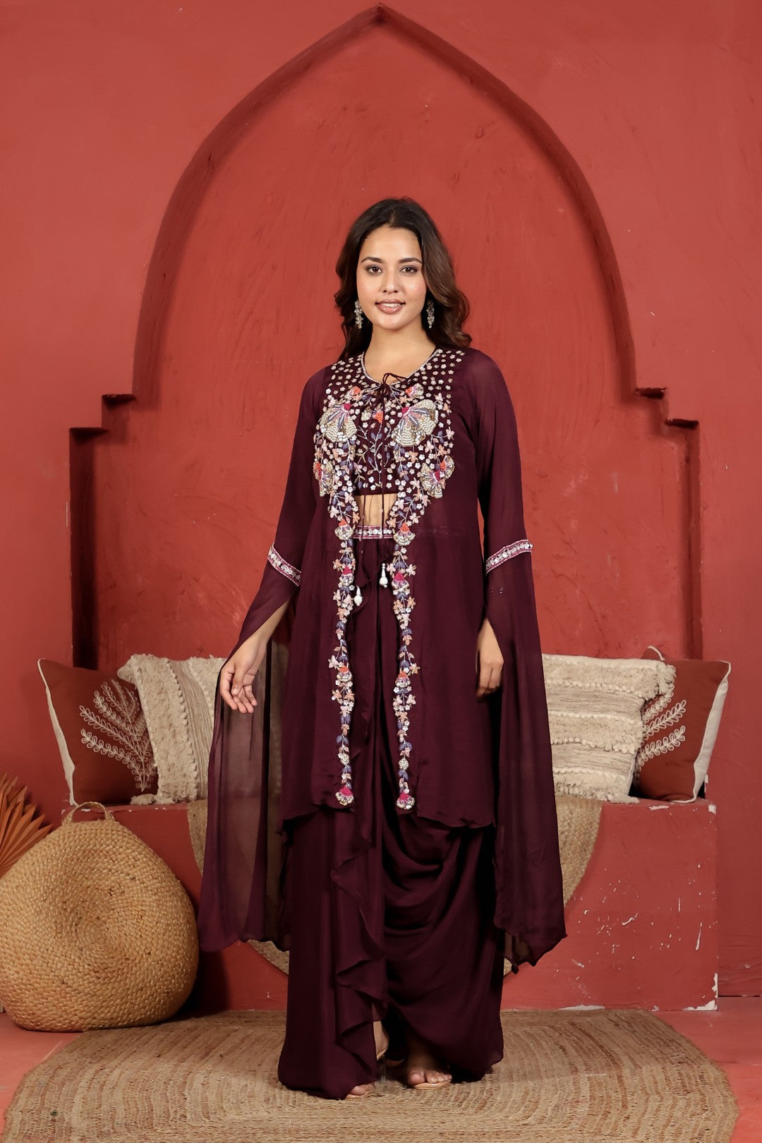 Wine Chinon Blouse with Handwork, Dhoti & Shrug