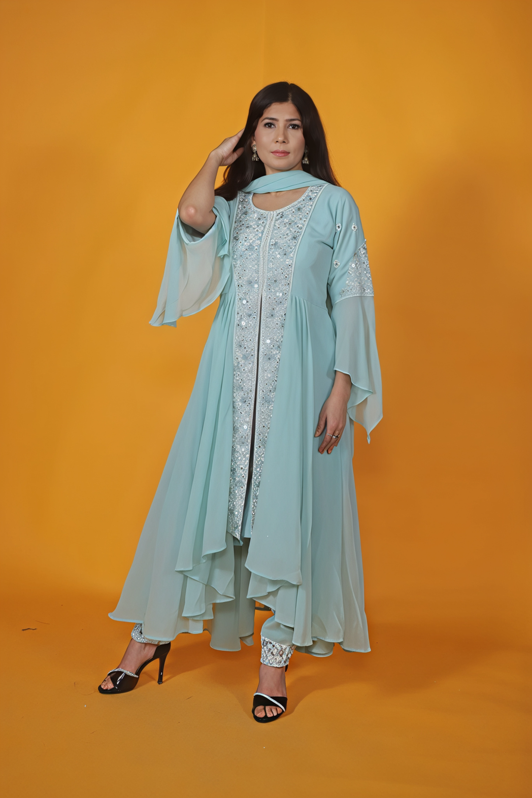 Sea Green Georgette Top with Thread work, Bottom & Dupatta