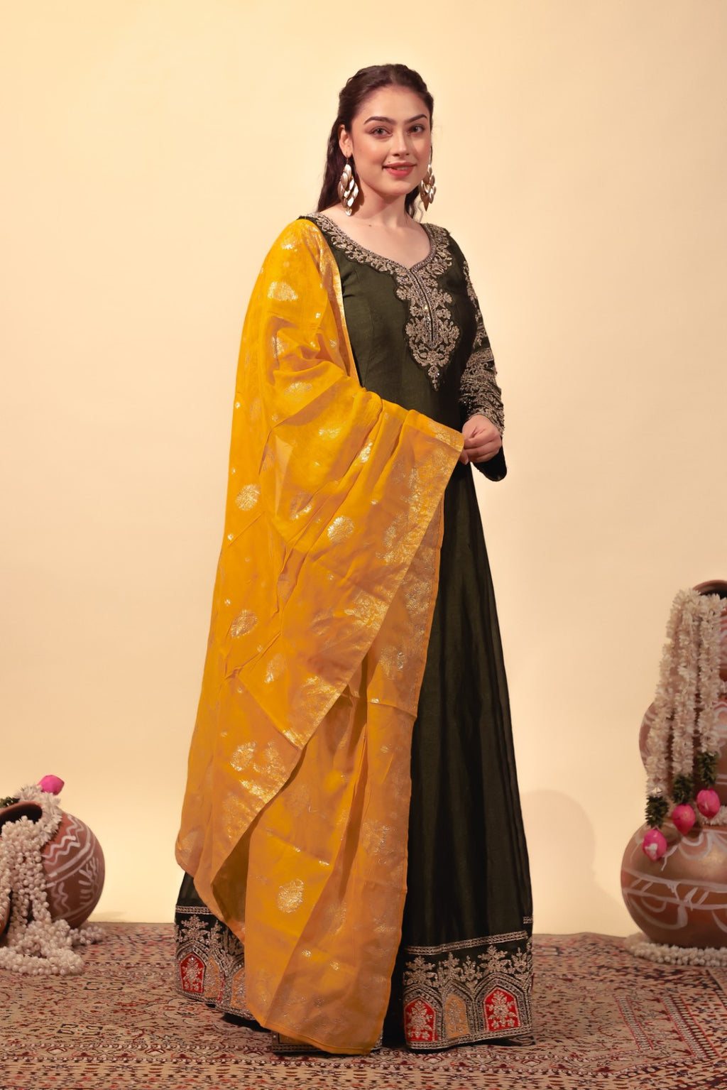 Mehendi Green Vichitra Silk with Zari Work Gown & Dupatta