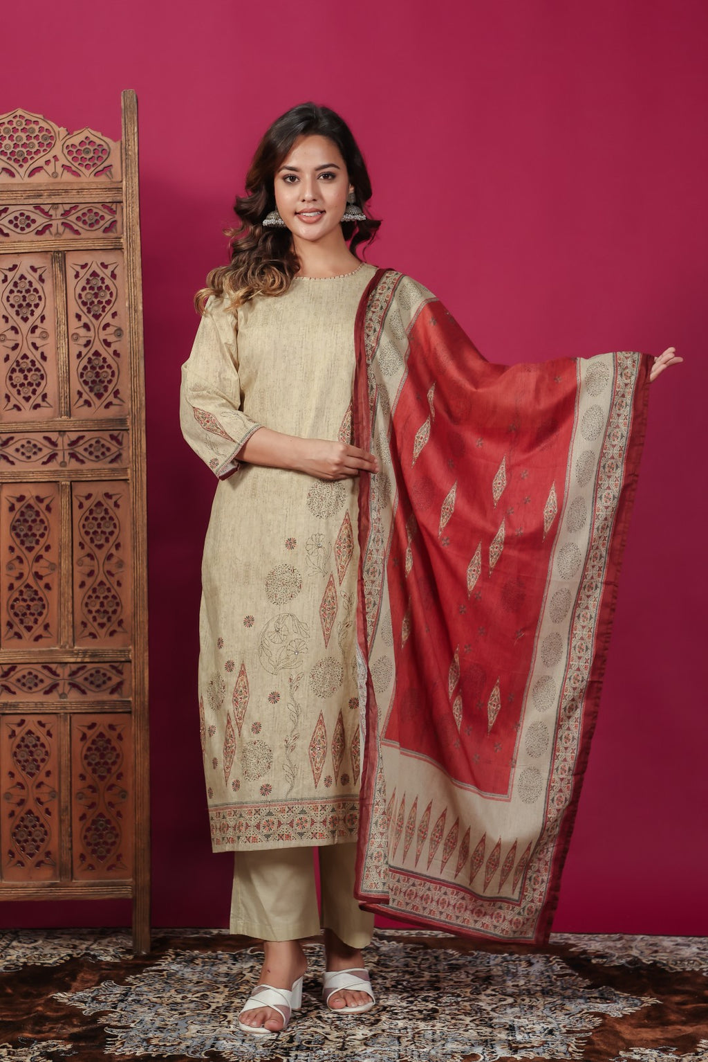 Beige Cotton Katha Print Suit, Bottom & Dupatta