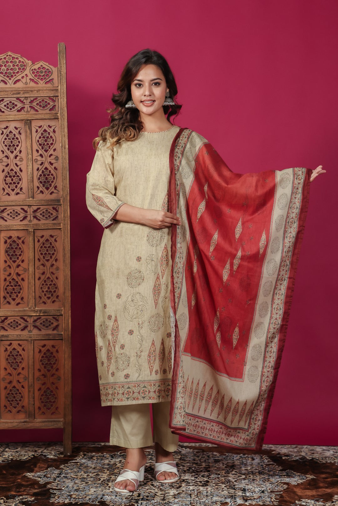 Beige Cotton Katha Print Suit, Bottom & Dupatta