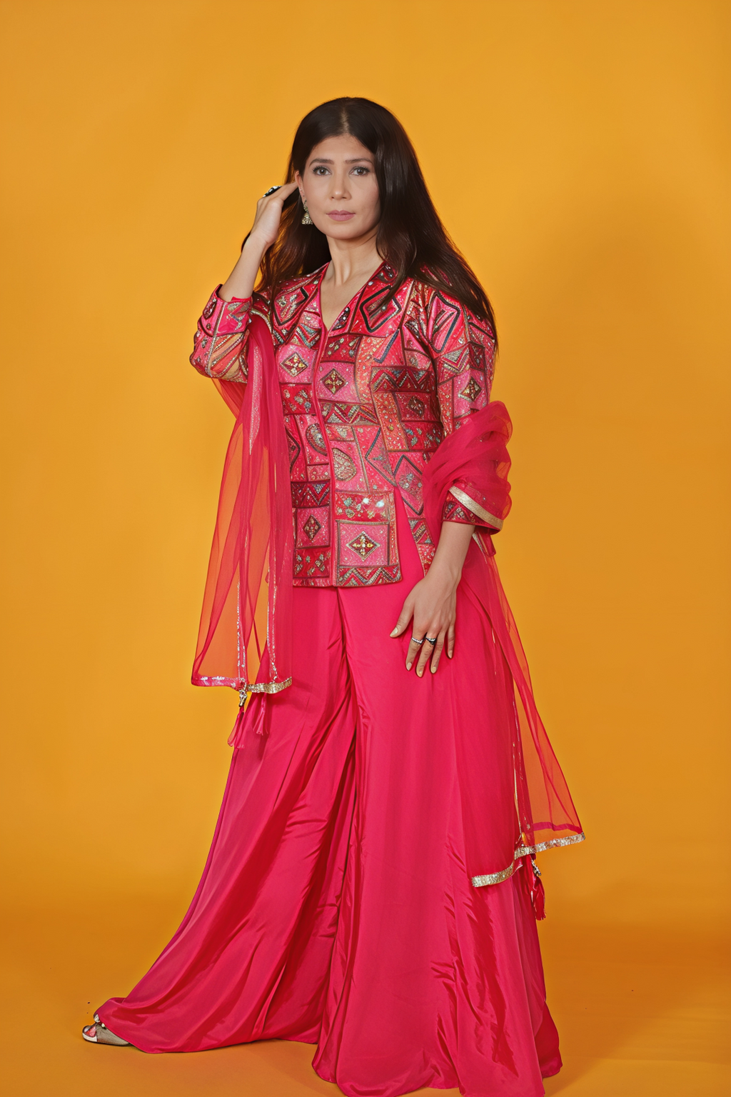 Pink Silk Position Printed Top, with Sharara & Dupatta