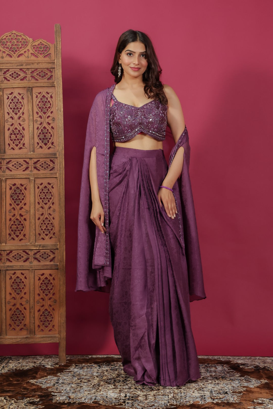 Purple Mosh Silk Jacquard Dhoti Set with Handwork Blouse & Shrug