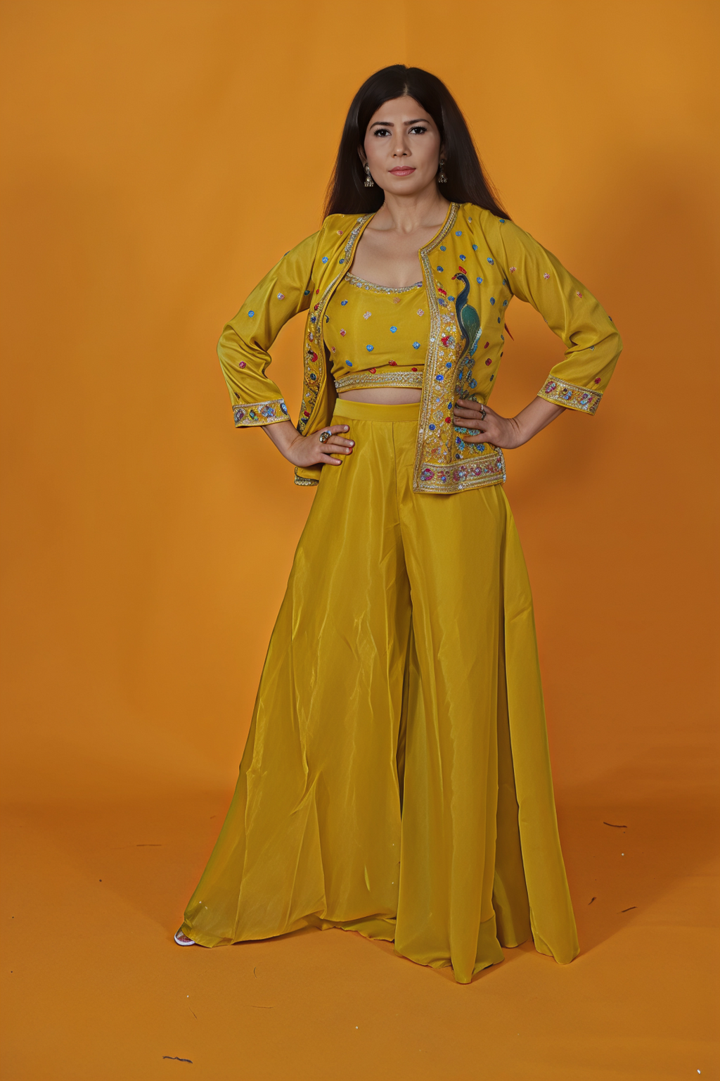Yellow Mosh Silk Blouse with Zari Butti, Embroidery Jacket & Sharara