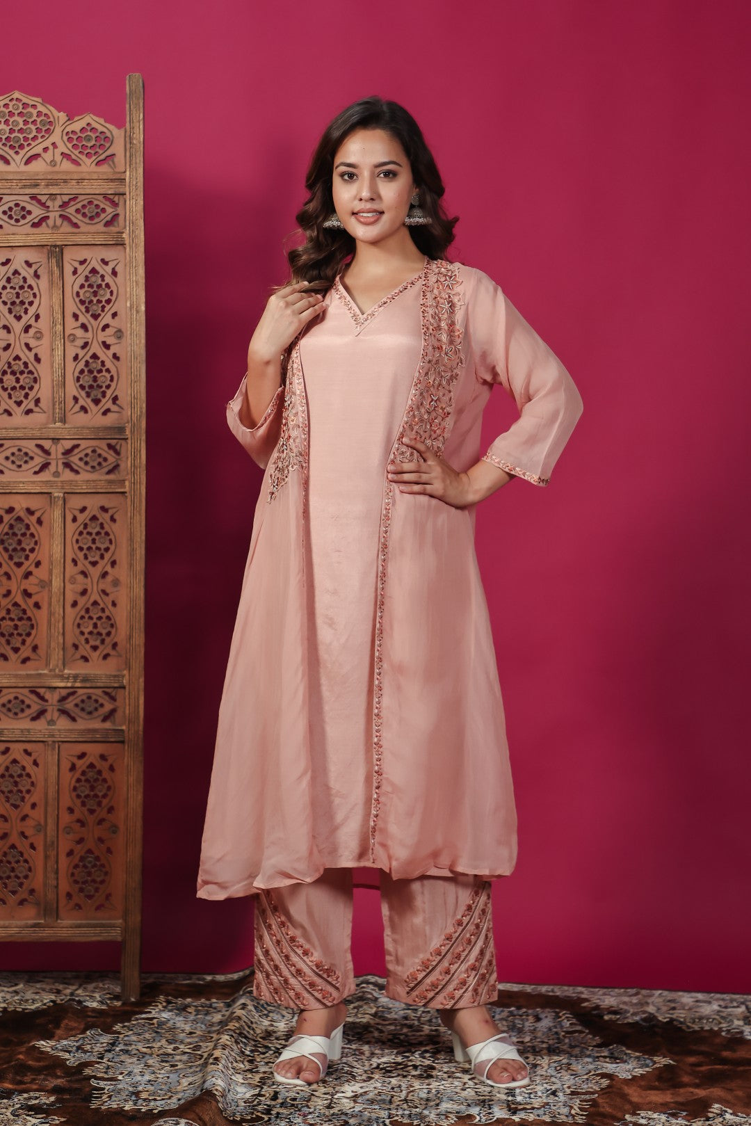 Peach Silk Suit with Thread Work, Long Jacket & Palazzo Pant