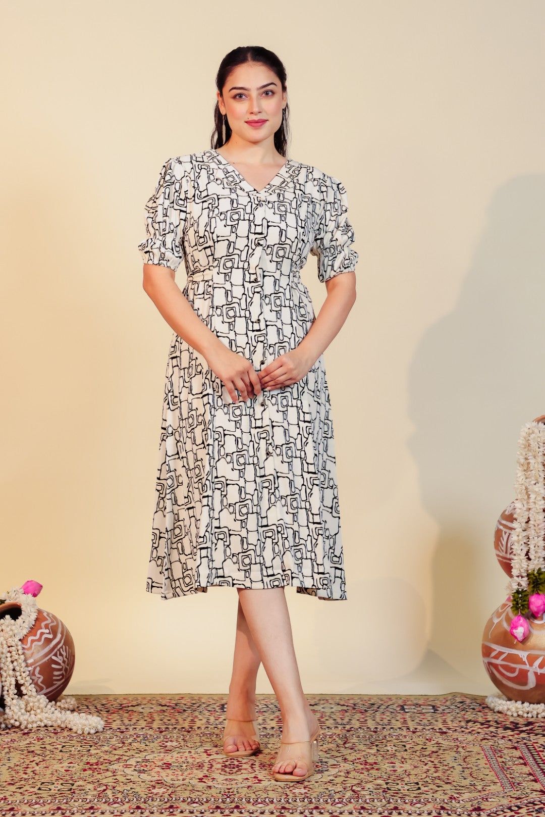 Off White Lycra with Geometric Printed Midi Dress