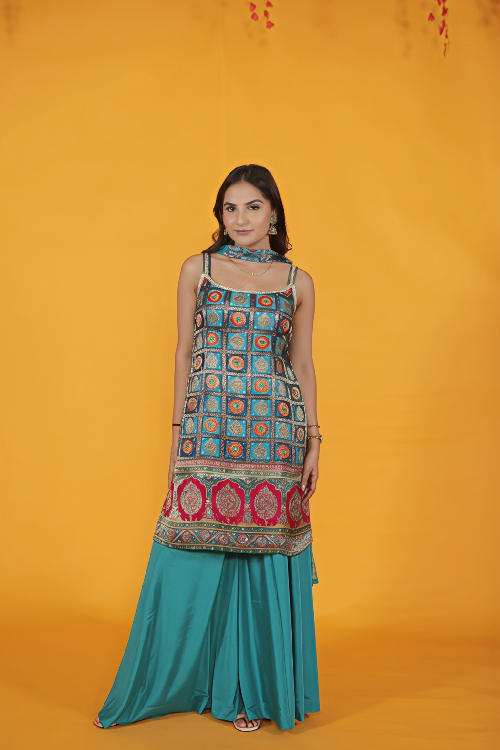 Dark Sky Blue Crepe Silk Top with Position Banarsi Prints, Sharara & Net Choker Dupatta