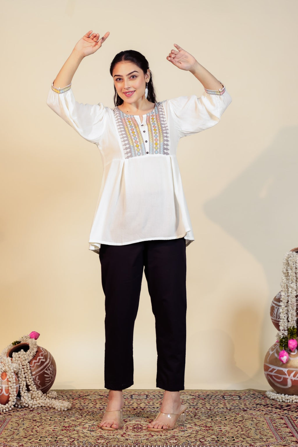 Off White Wrinkled Rayon Thread Work Top