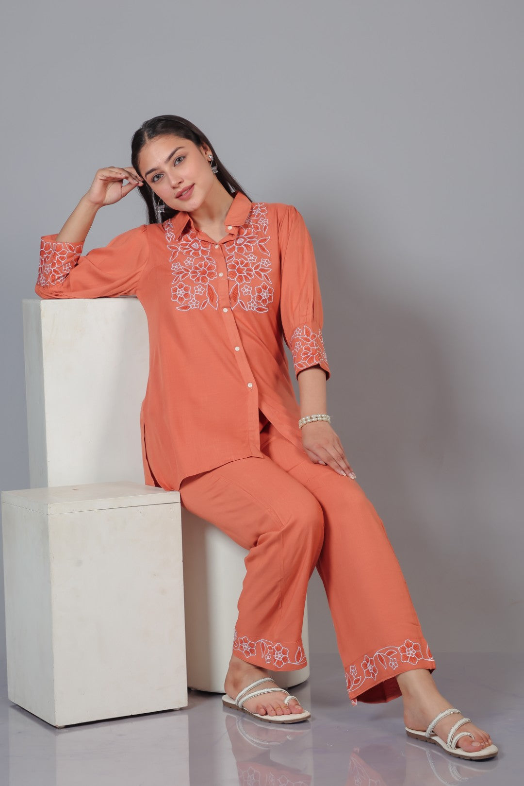 Peach Rayon with Thread Work Co-ord Set