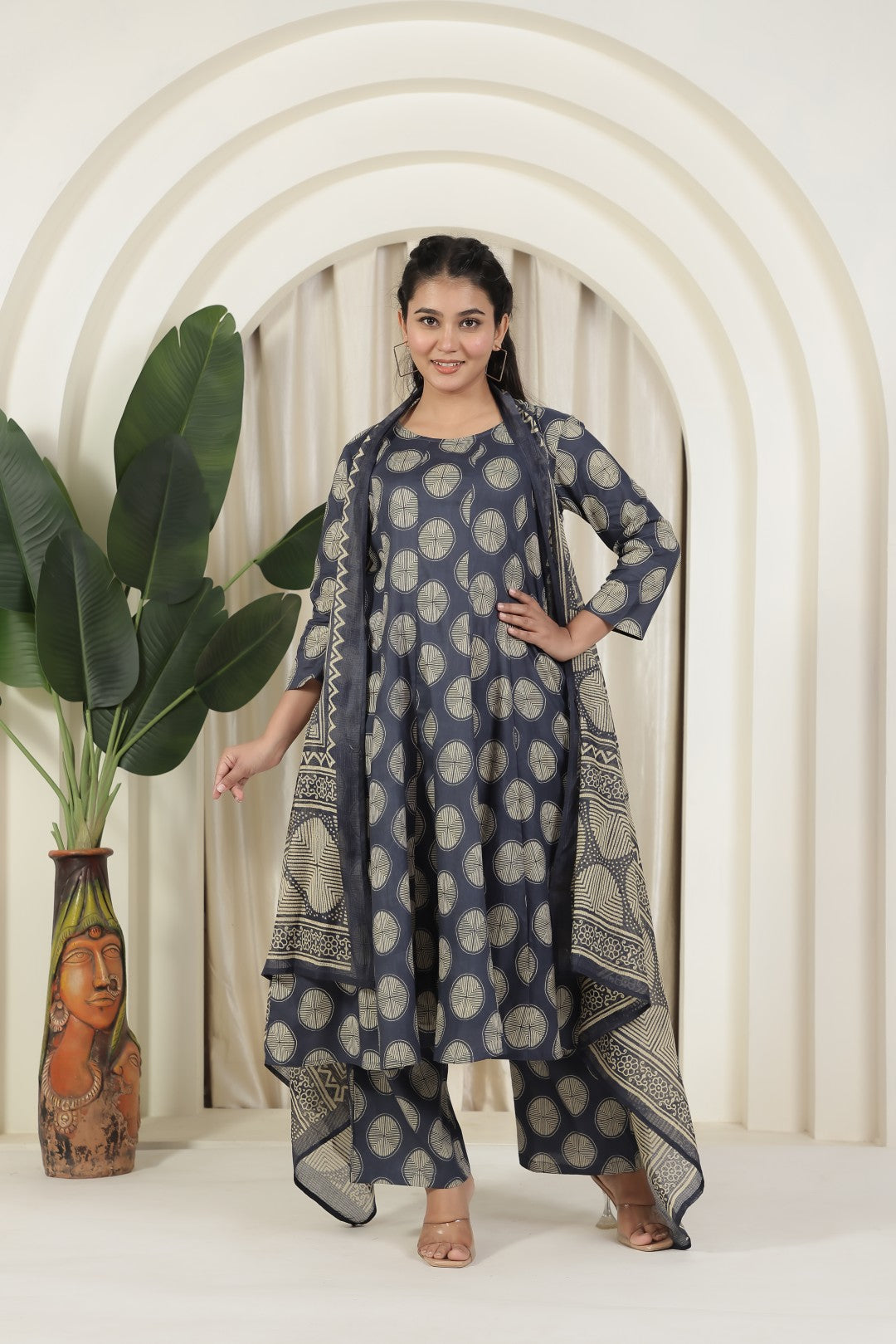 Deep Navy Blue Cotton Printed Suit and Paired with a Matching Pant & Dupatta
