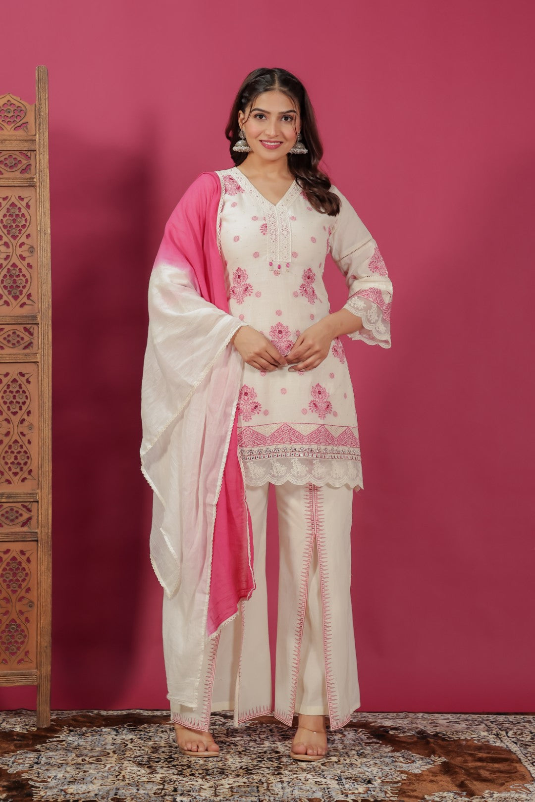 Off White Cotton Jacquard Work Co-ord Set with Dupatta