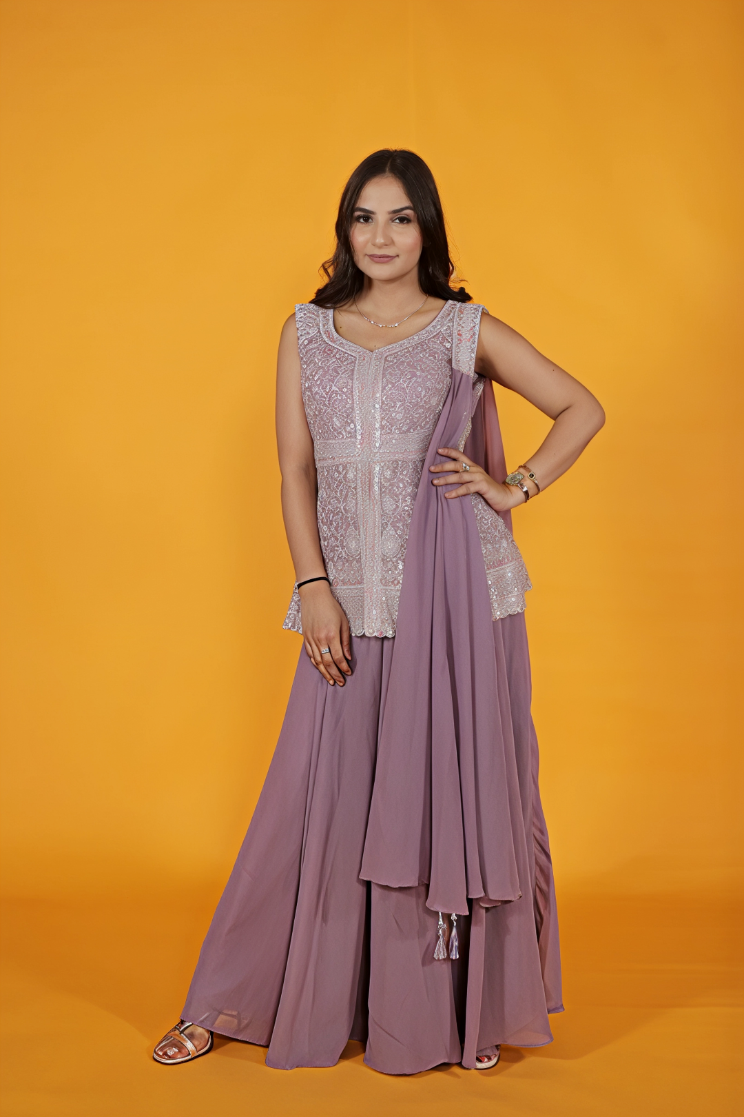 Lavender Shimmer Georgette Top with Thread & Seqins Work, Sharara & Dupatta