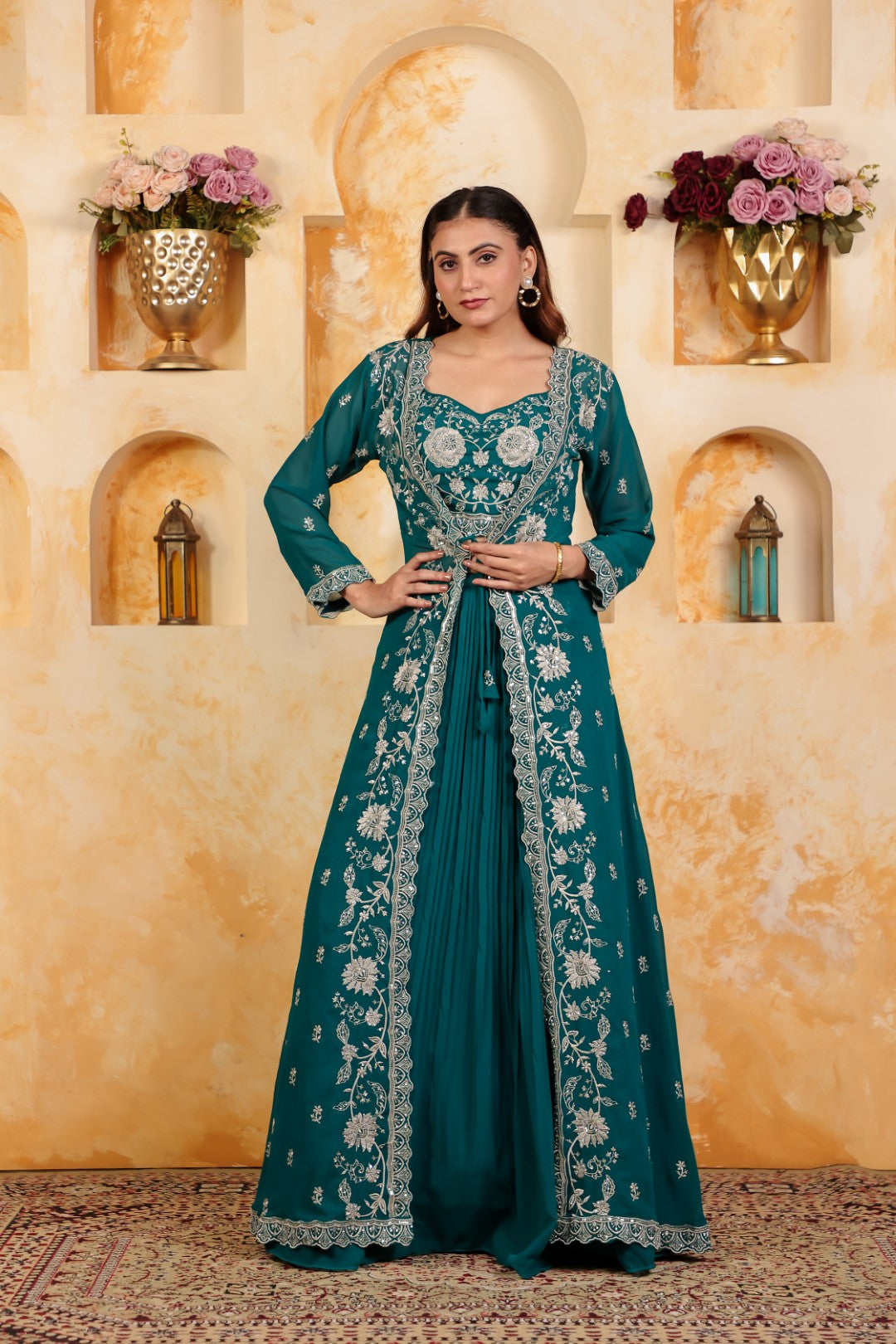 Rama Green Georgette Lehenga with Thread & Stone Work, Blouse & Long Shrug