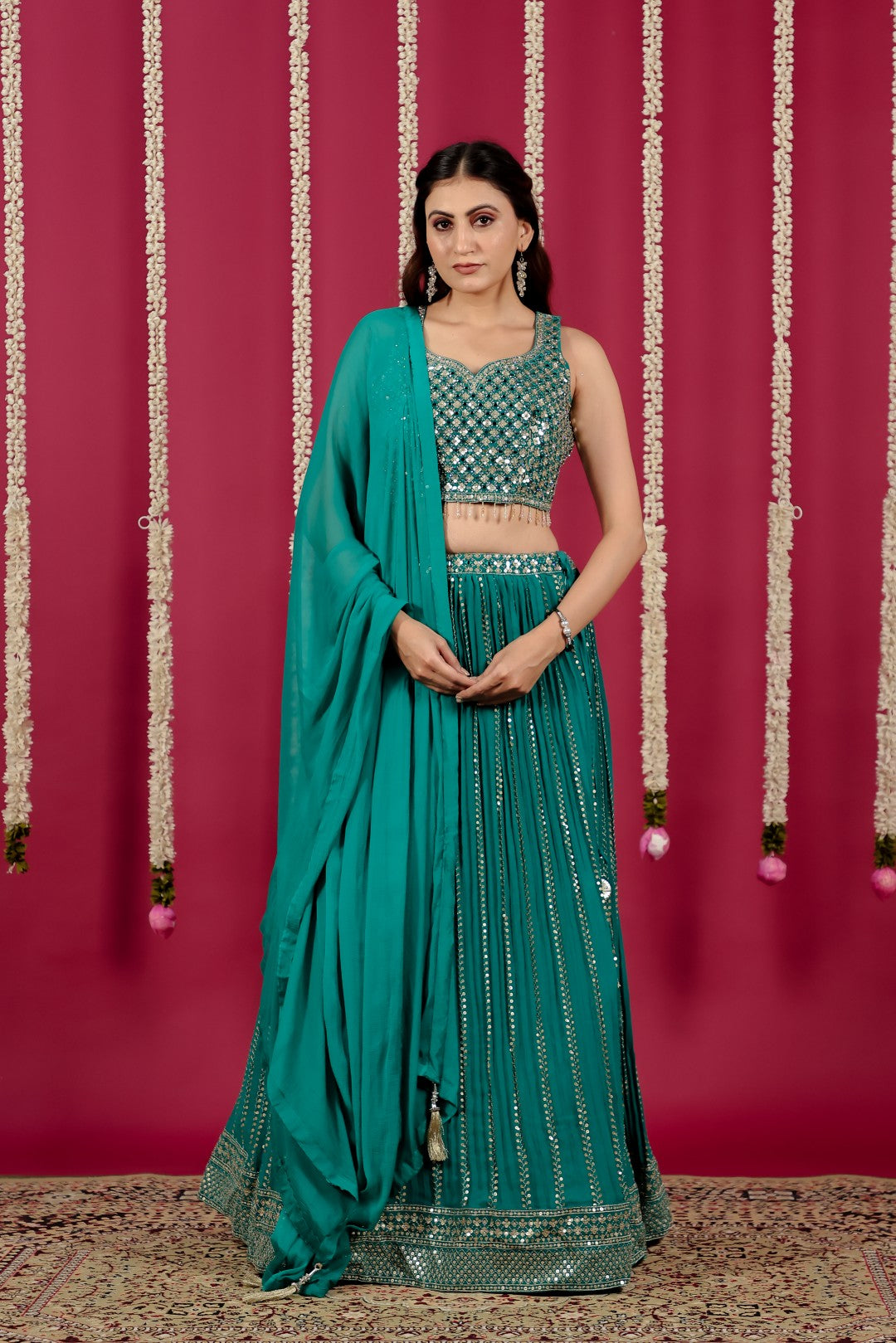Rama Green Georgette Lehenga with Sequins & Mirror Work Blouse & Dupatta