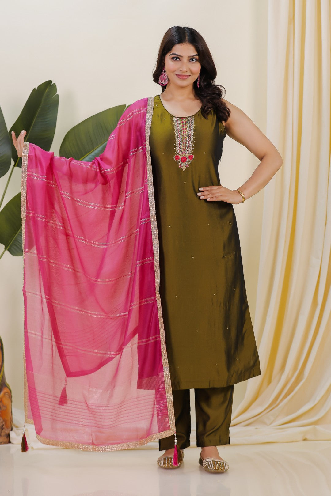 Mehendi Green Muslin Silk Suit with Handwork, Bottom & Dupatta