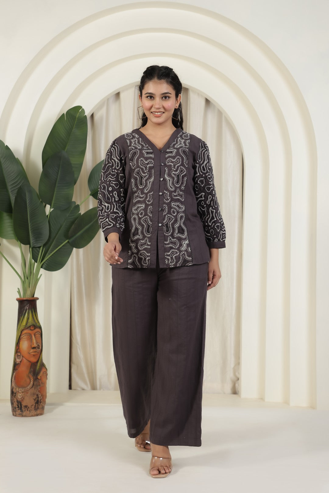 Dark Grey Cotton Top with Thread Embroidery & Palazzo Pant