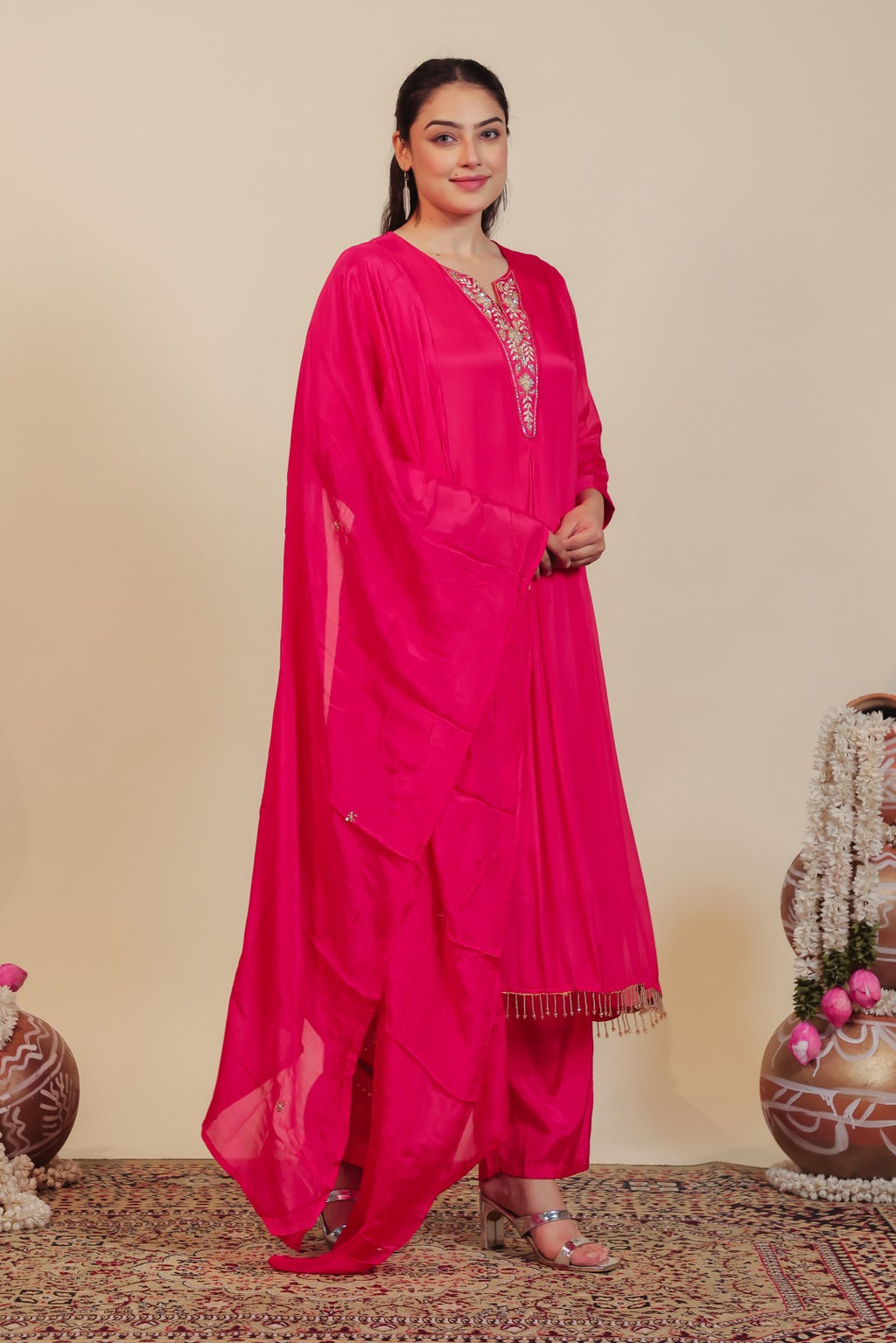 Rani Pink Chinon Suit with Handwork, Bottom & Dupatta