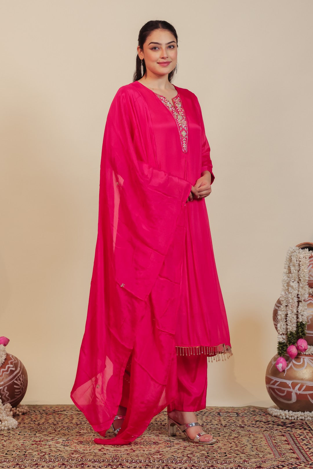 Rani Pink Chinon Suit with Handwork, Bottom & Dupatta