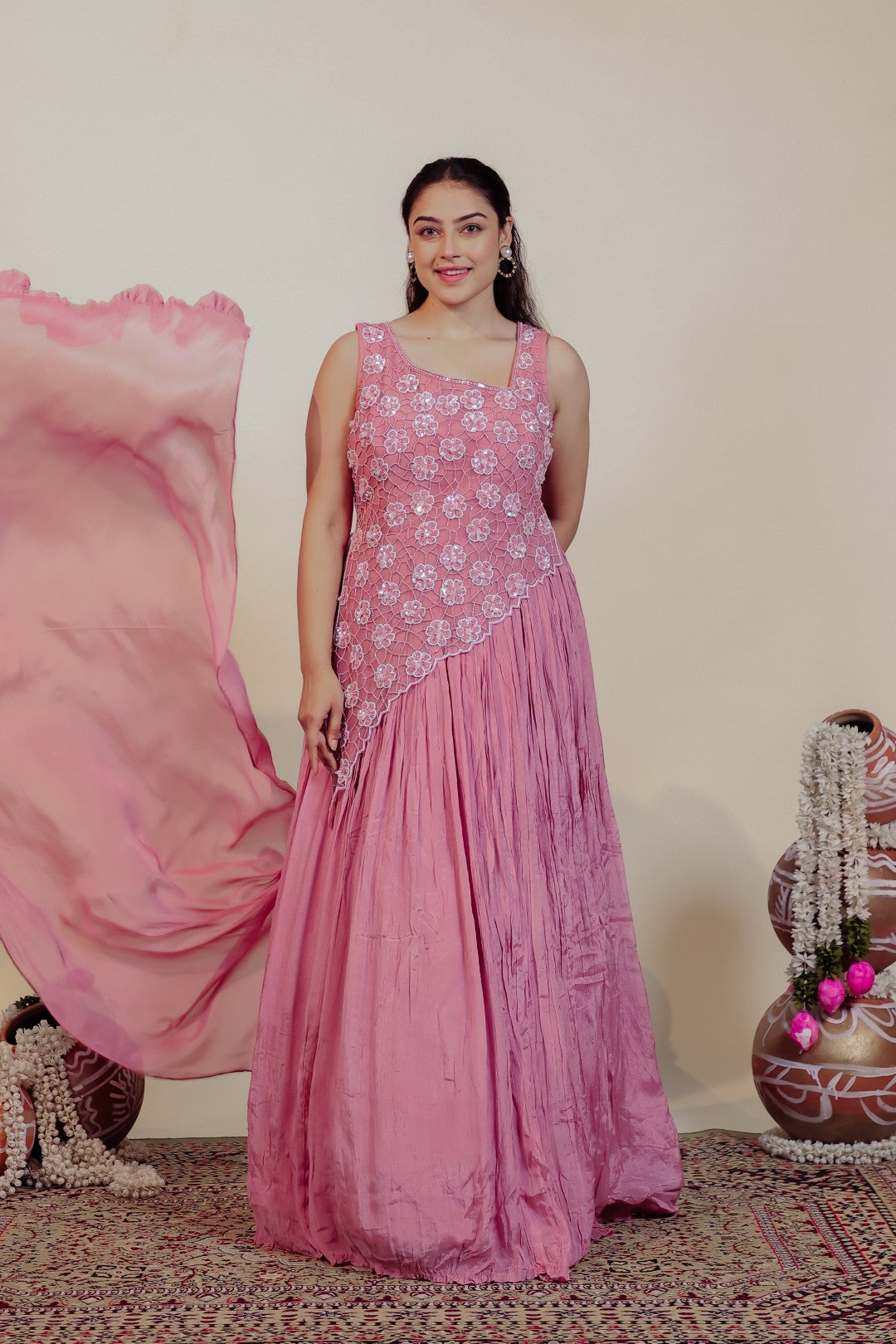 Baby Pink Chinon Silk with Patch Handwork Gown & Dupatta