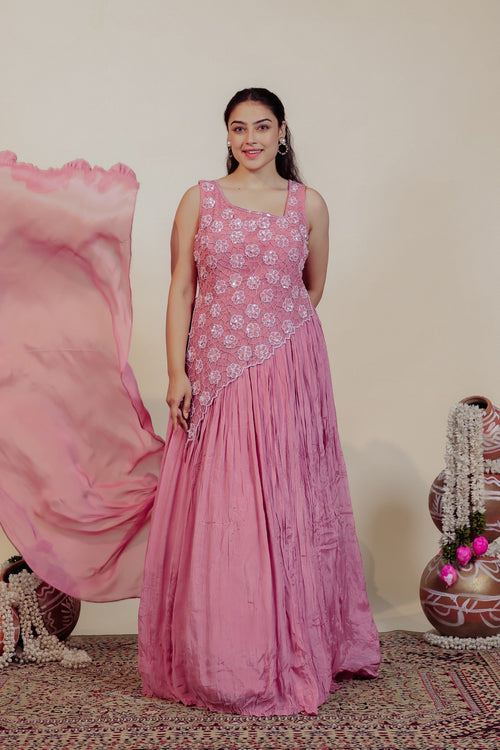 Baby Pink Chinon Silk with Patch Handwork Gown & Dupatta