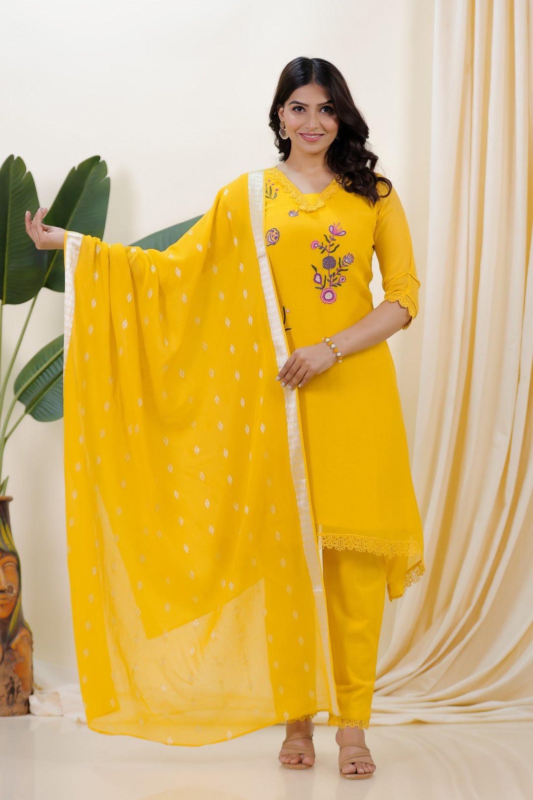 Yellow Mosh Chanderi Suit with Kashmiri Work, Pant & Dupatta