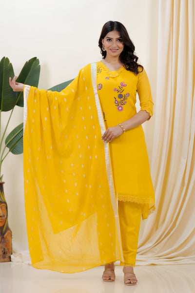 Yellow Mosh Chanderi Suit with Kashmiri Work, Pant & Dupatta
