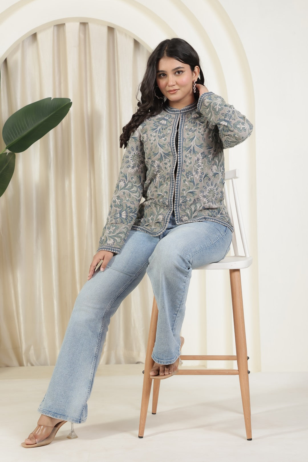 Grey Cotton Jacket with Kashmiri Thread Embroidery