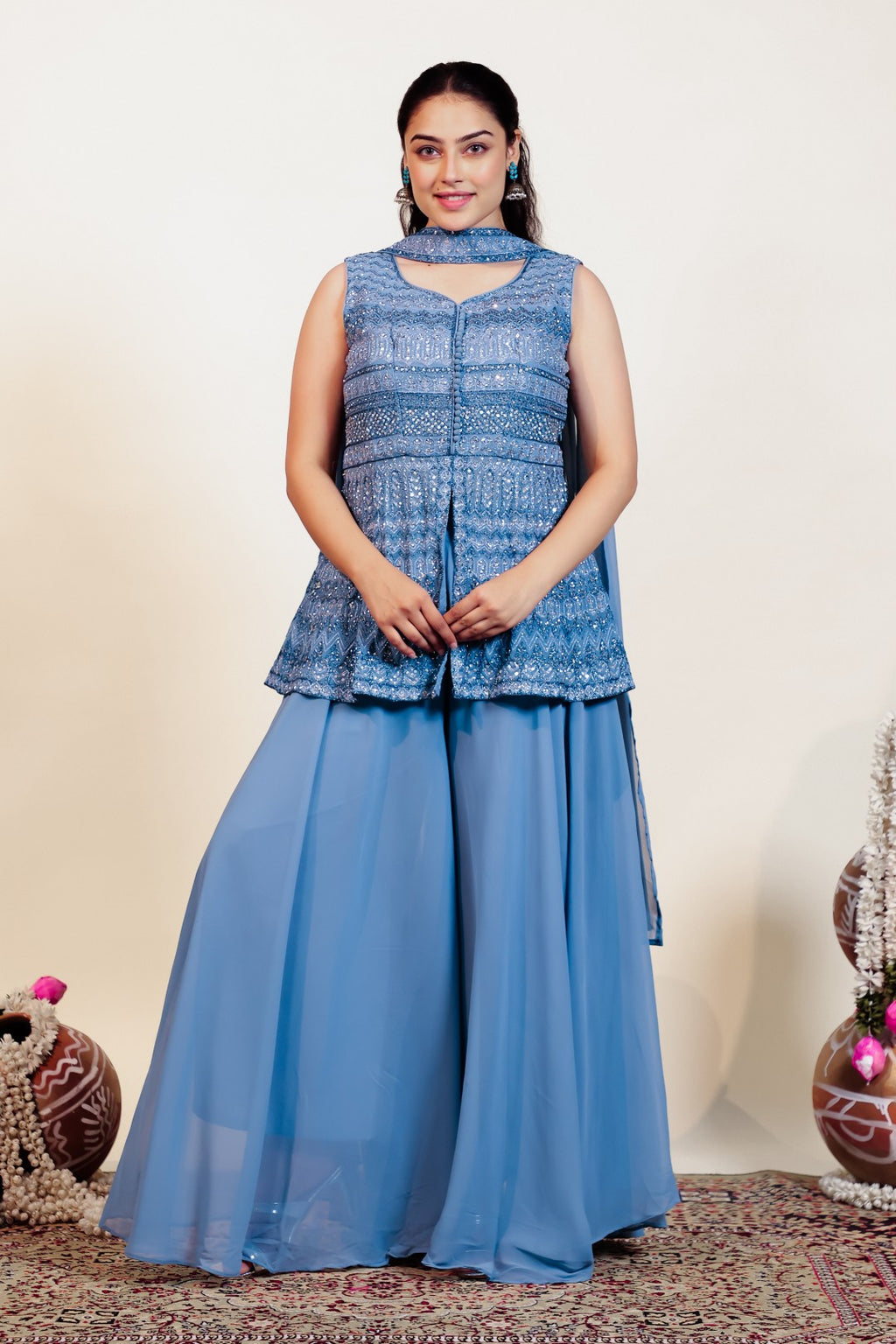 Grey Georgette Peplum Top with Zari Work, Sharara & Choker Style Dupatta