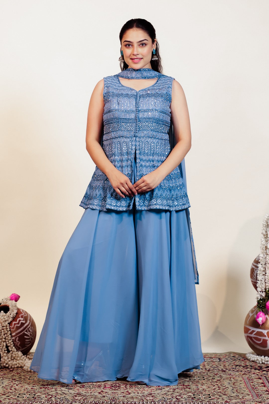 Grey Georgette Peplum Top with Zari Work, Sharara & Choker Style Dupatta