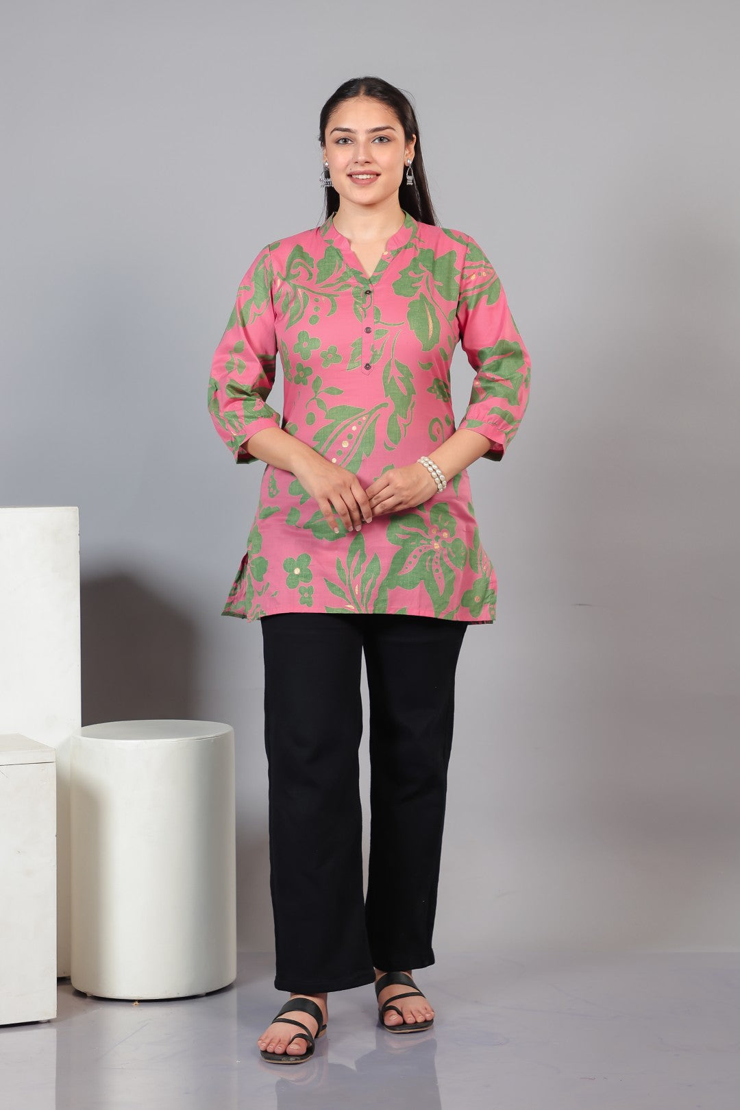 Pink Cambric Cotton Floral Printed Short Kurti