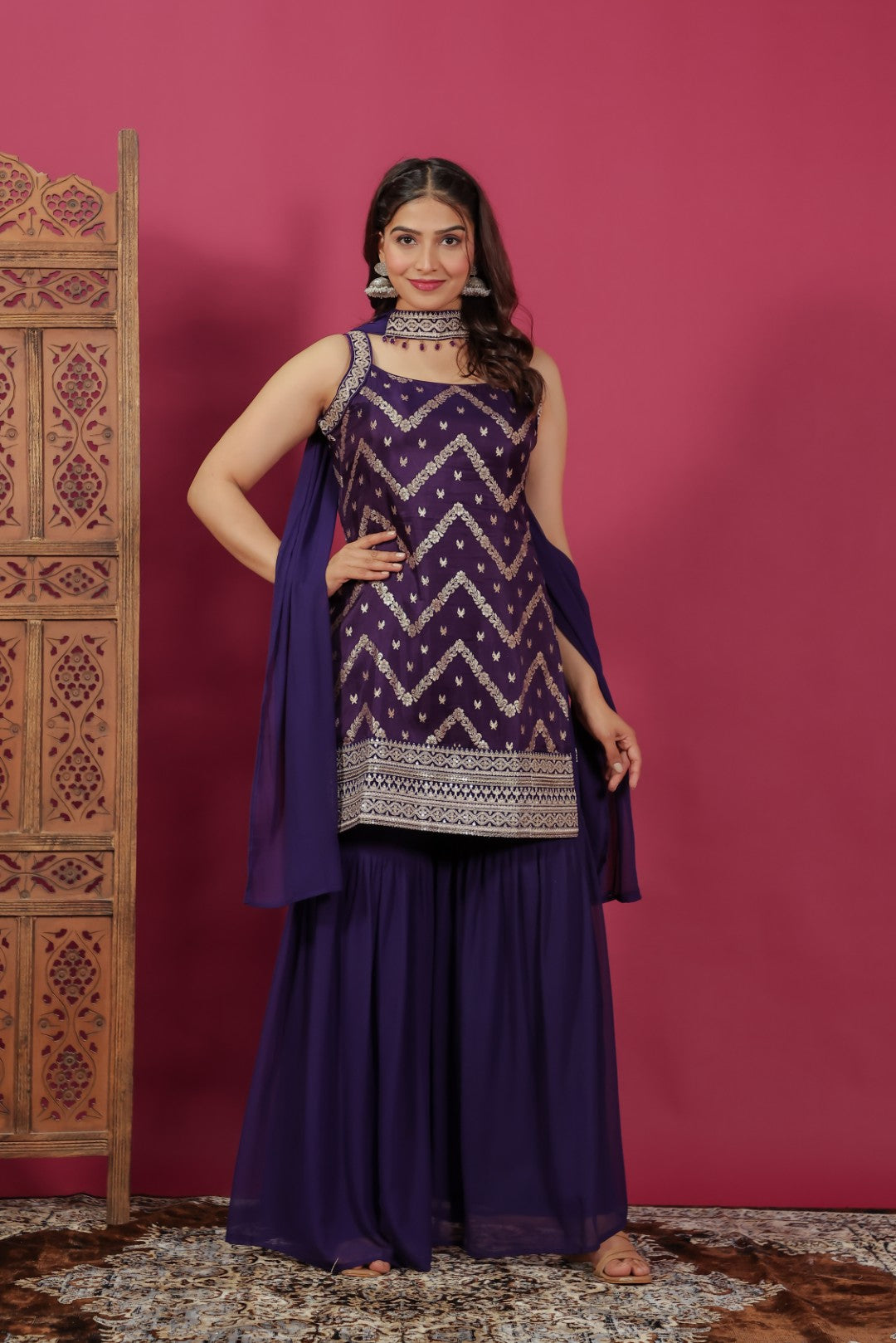 Purple Ho Silk Banarasi Top with Zari Work, Sharara & Dupatta