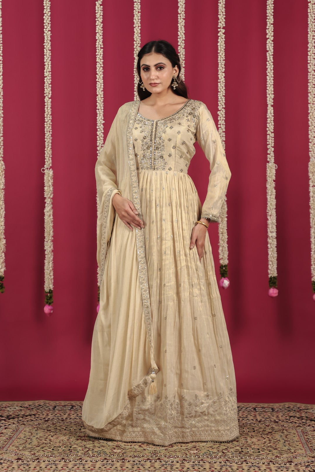 Golden Off White Mosh Silk with Zari Work Gown & Dupatta