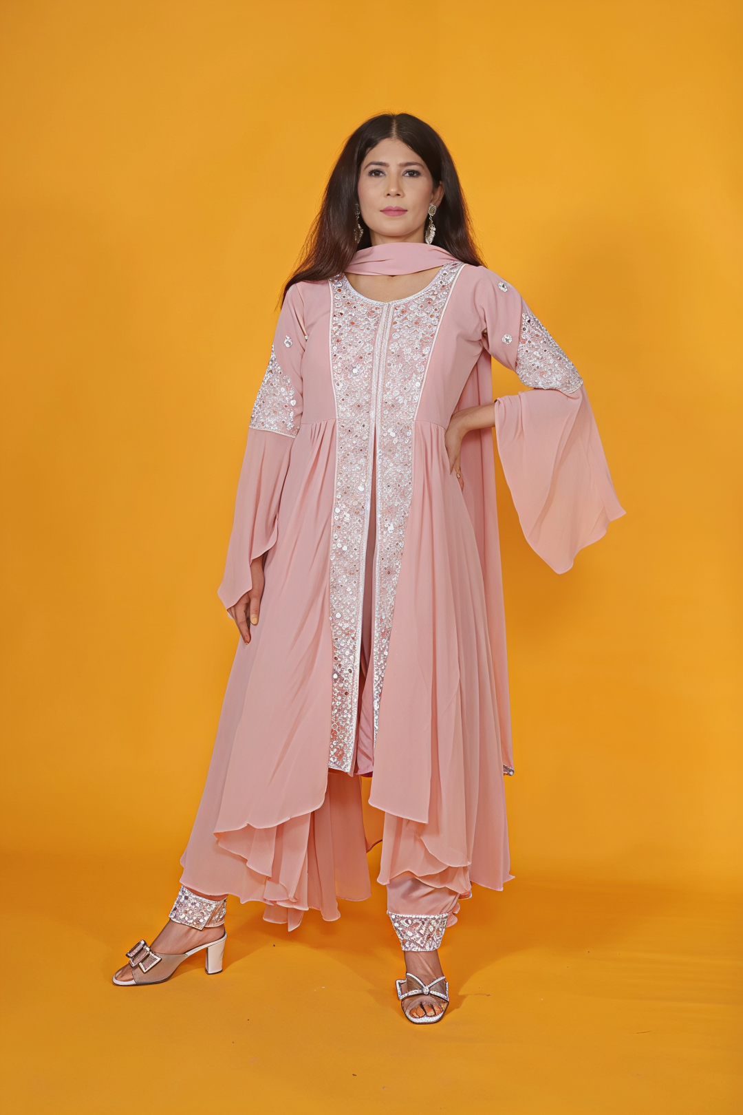 Peach Georgette Top with Thread Work, Bottom & Dupatta