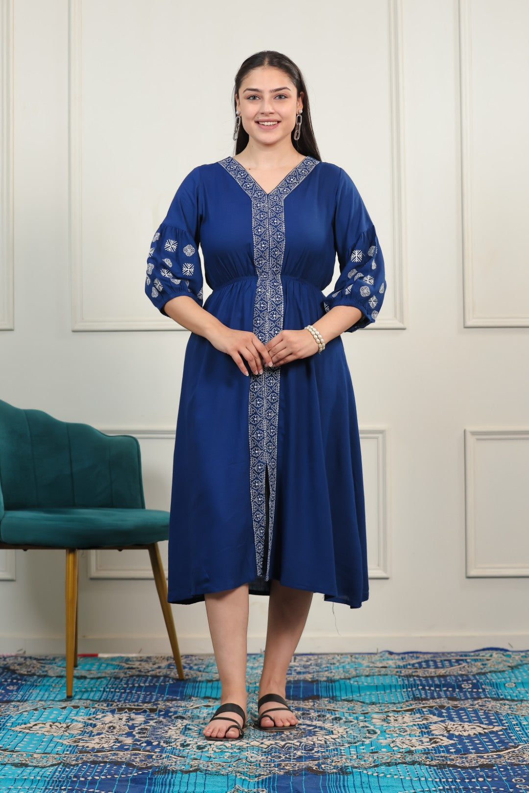 Royal Blue Rayon with White Thread Work Midi Dress