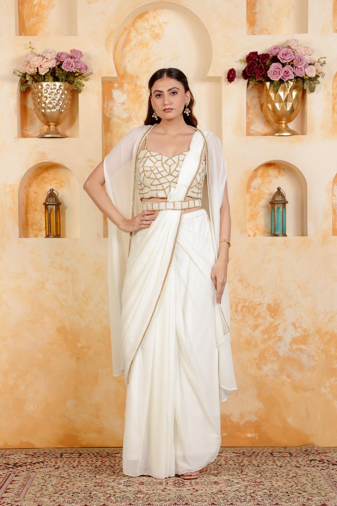 Off White Georgette Drape Saree with Belt, Piping Blouse & Shrug