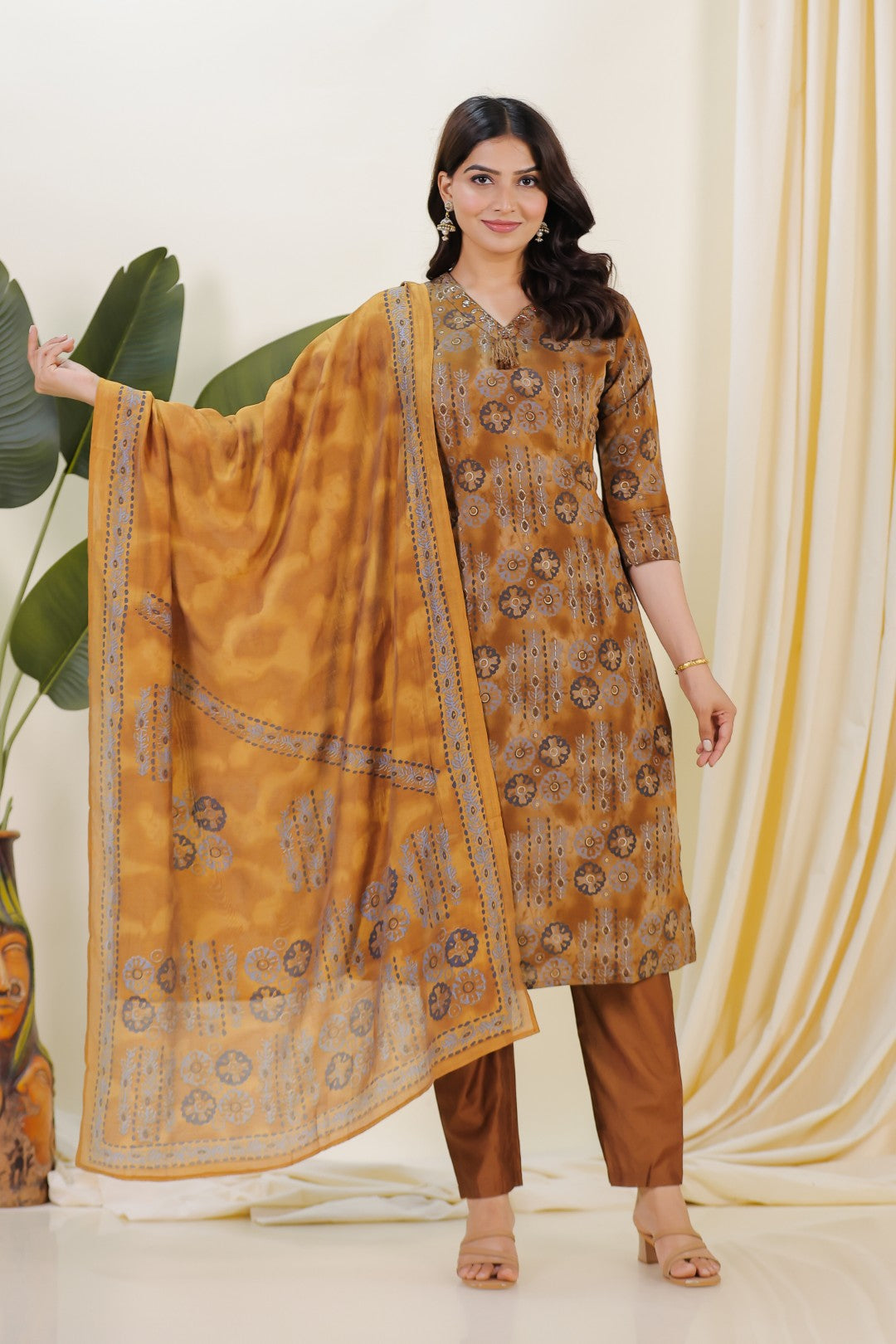 Brown Muslin Printed Suit with Piping Neck Work, Bottom & Dupatta