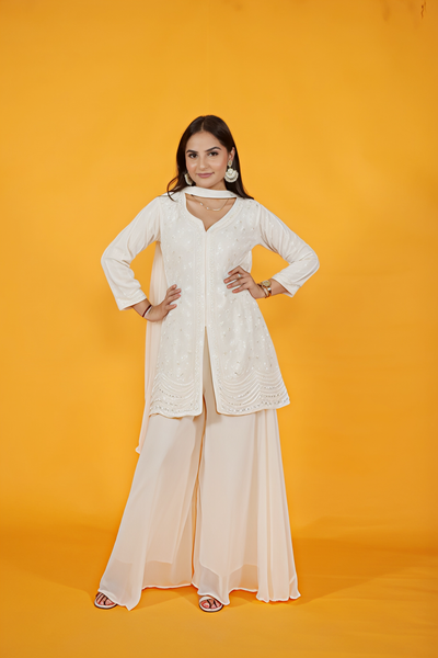Off White Georgette Top with Pearl & Sequins Work, Sharara & Dupatta