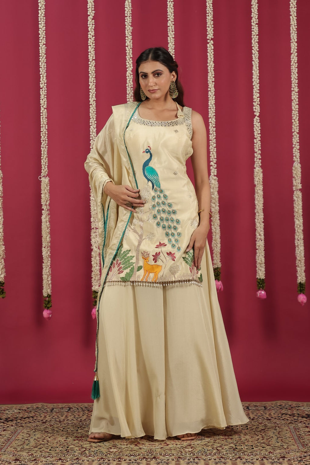 Off White Chinon Suit with Peacock Zari Work, Sharara & Dupatta