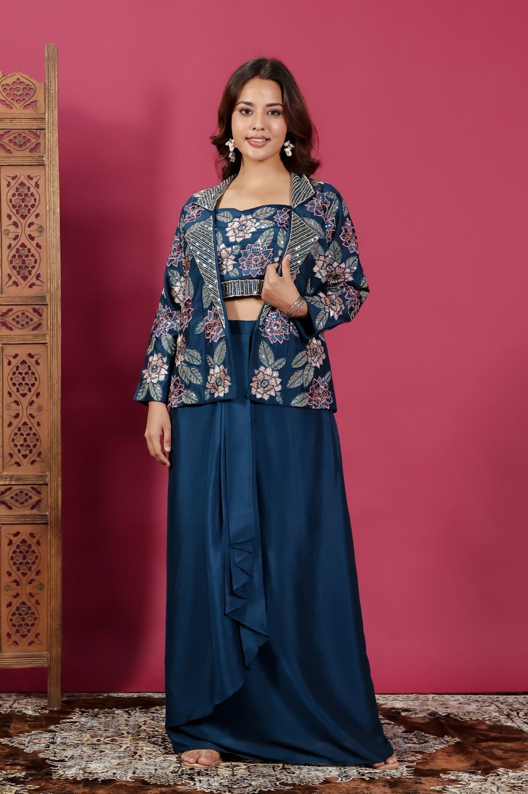 Dark Teal Blue Chinon Silk Blouse with Thread & Sequence Work, Jacket & Dhoti
